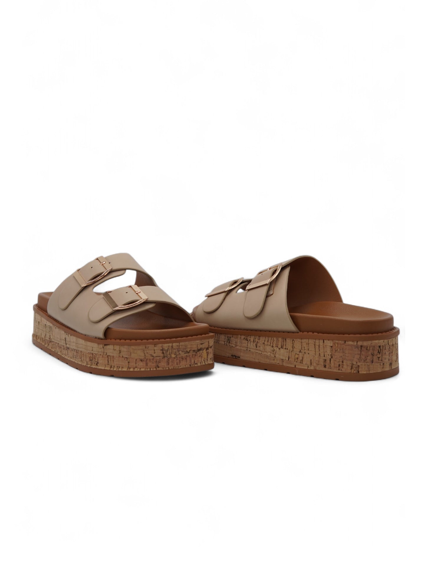 14355 – Sandalias Beige con Plataforma de Corcho y Hebillas Doradas