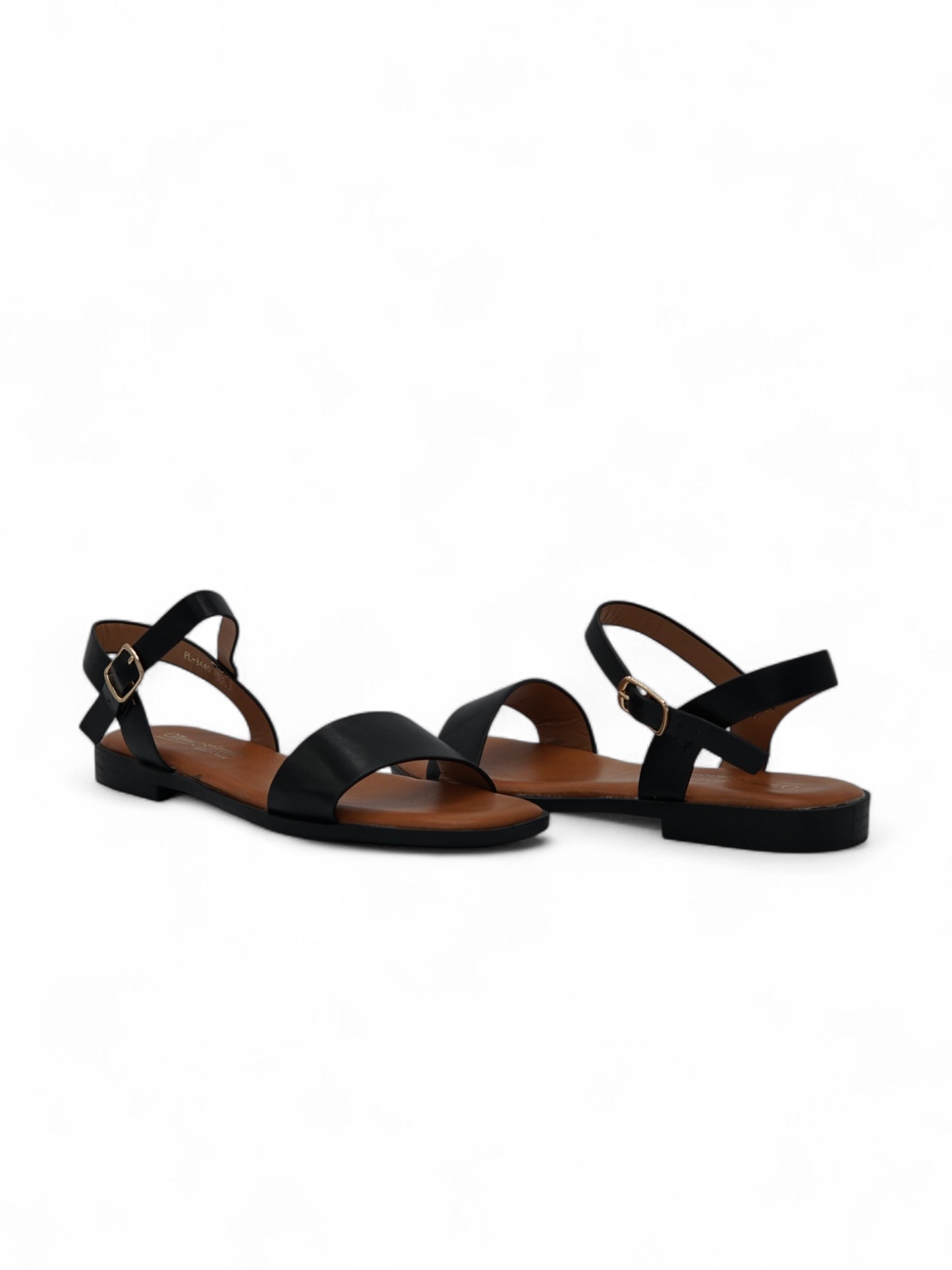 14410 – Sandalias Negras con Hebilla Dorada y Suela Baja