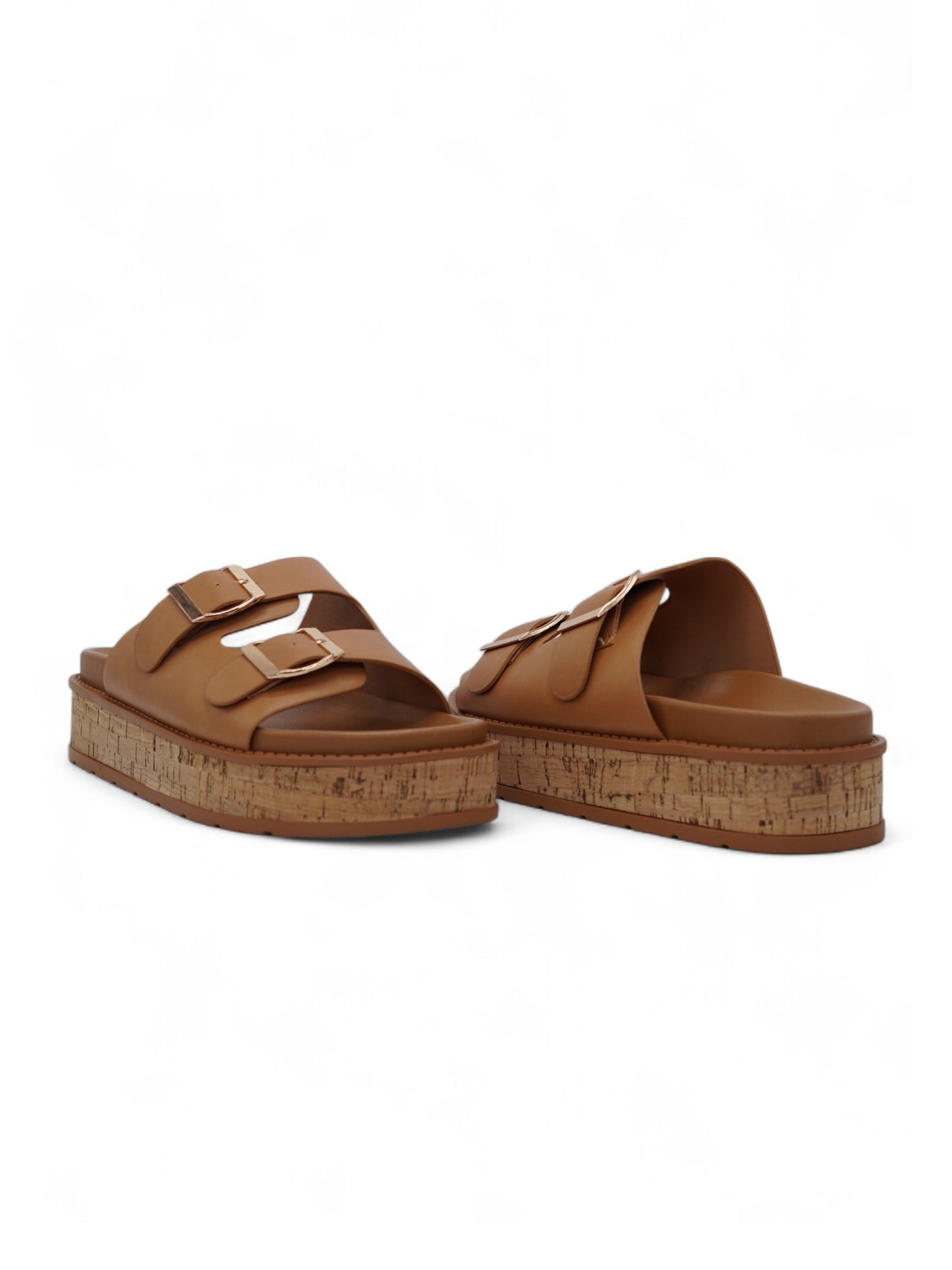 14354 – Sandalias Camel con Plataforma de Corcho y Hebillas Doradas