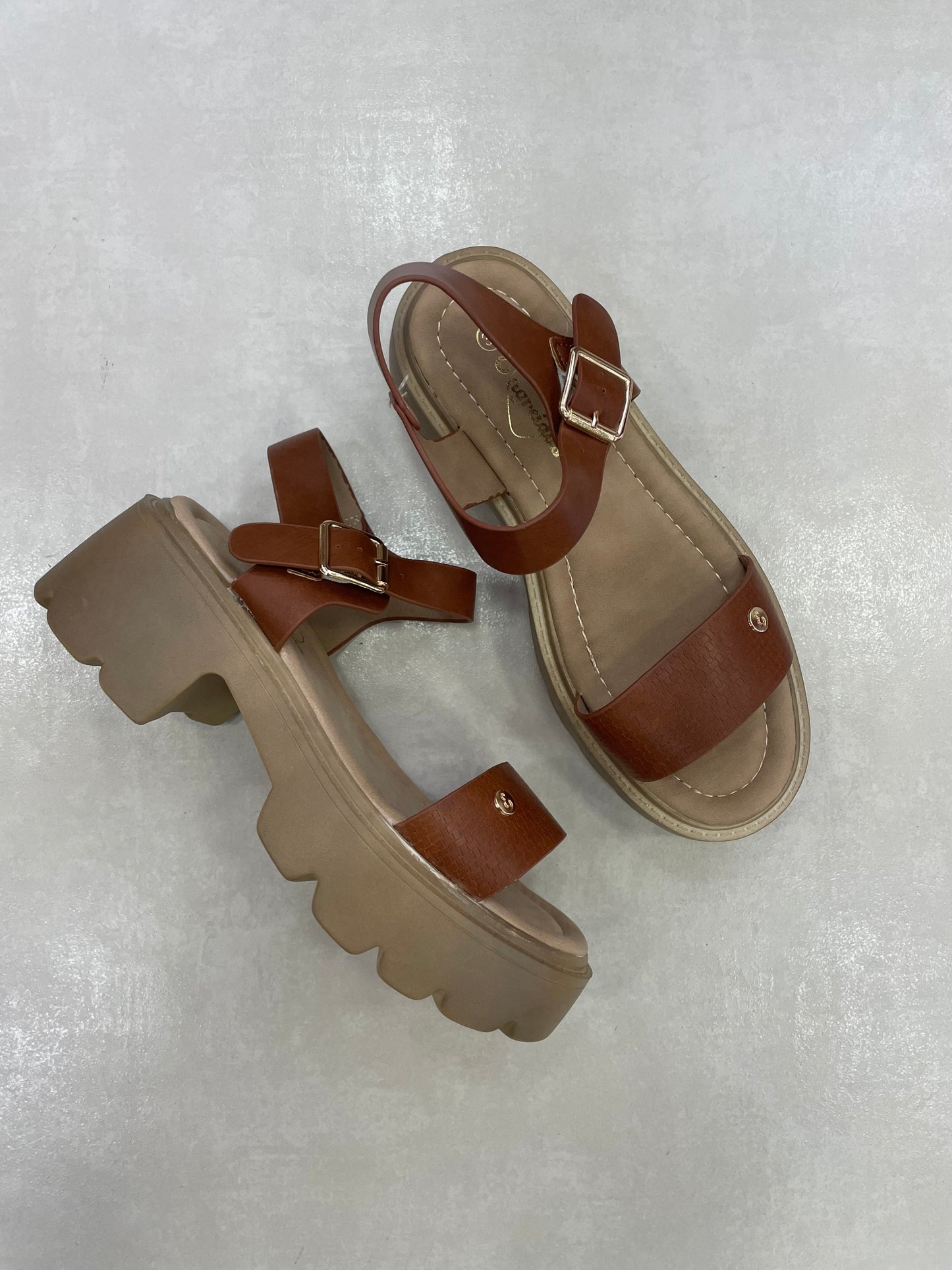 14279 – Sandalias Marrón con Plataforma Chunky y Hebillas Doradas