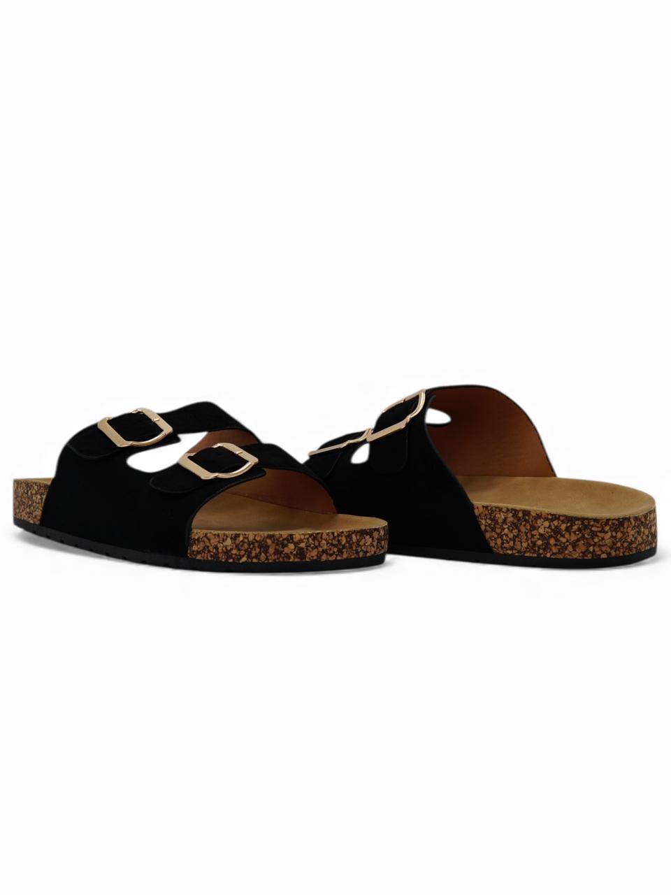 14309 – Sandalias Negras con Doble Hebilla y Suela de Corcho