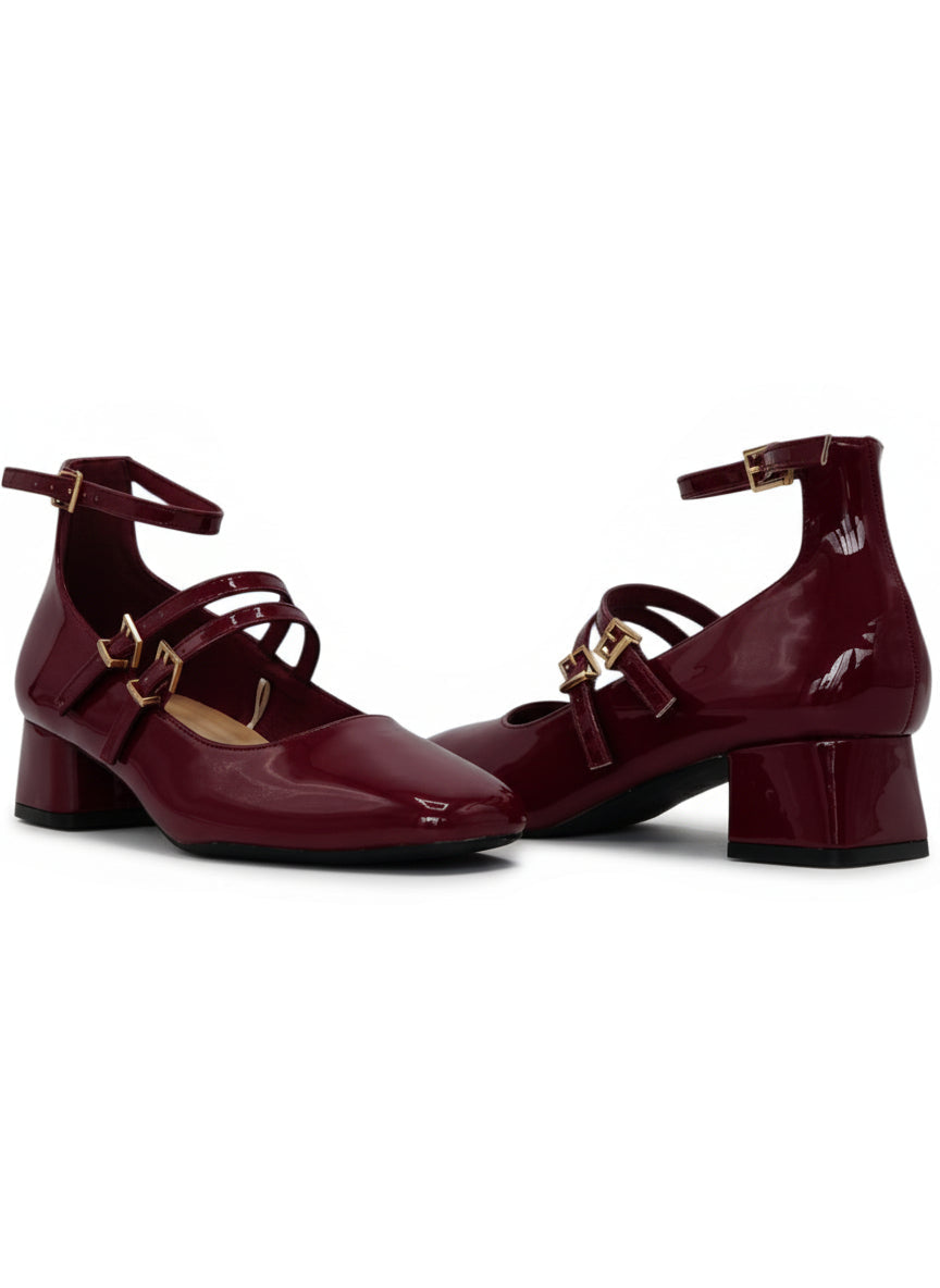 14314 – Mary Jane Burdeos de Charol con Doble Correa y Tacón Bajo