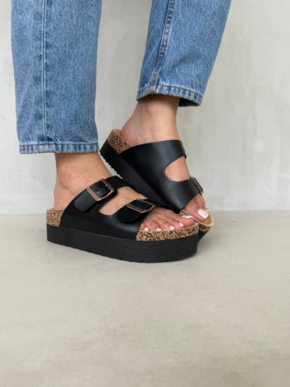 14281 – Sandalias negras con plataforma y doble hebilla para dama