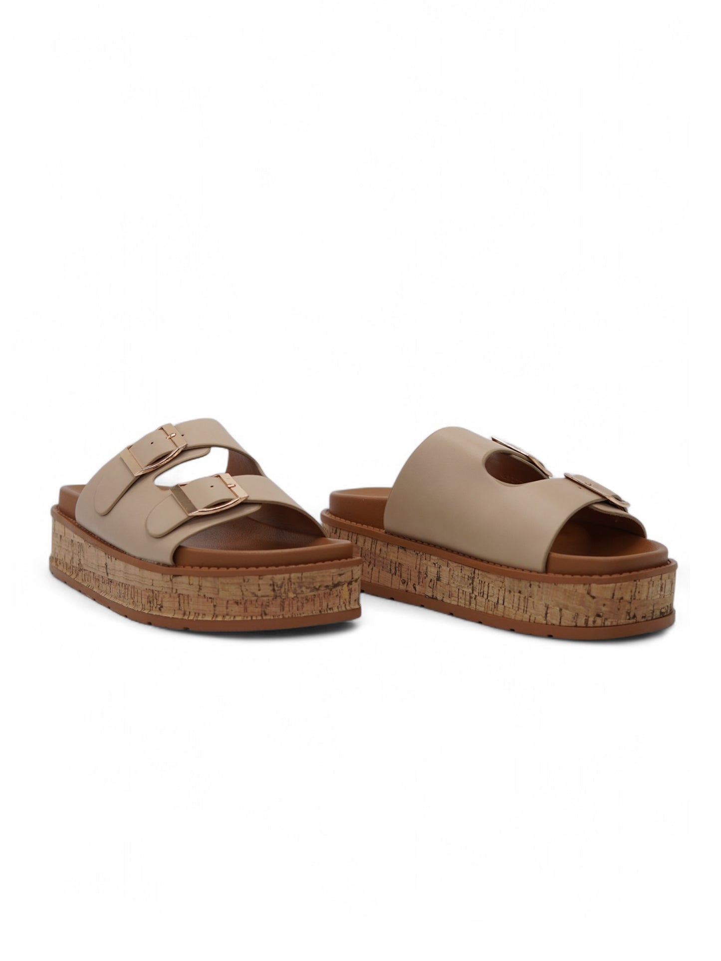 14355 – Sandalias Beige con Plataforma de Corcho y Hebillas Doradas