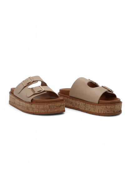 14355 – Sandalias Beige con Plataforma de Corcho y Hebillas Doradas