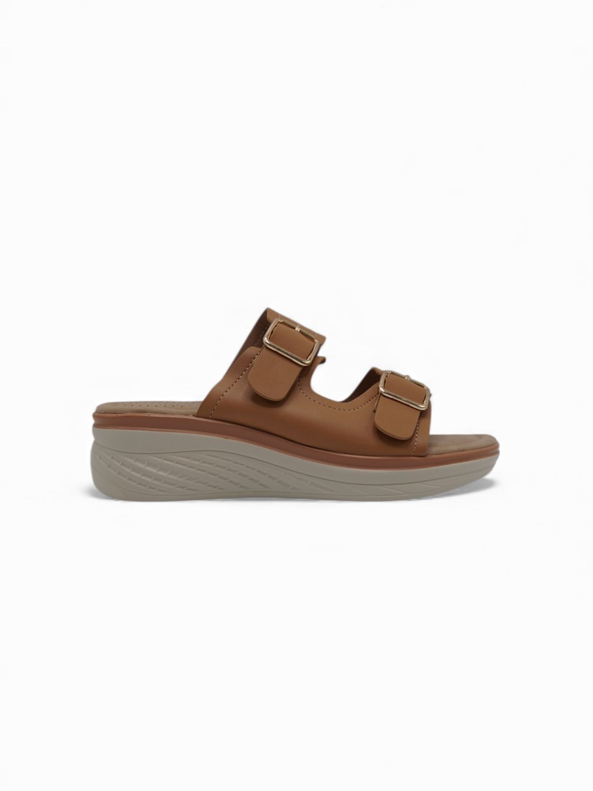 14366 – Sandalias con plataforma y hebillas doradas color camel para dama