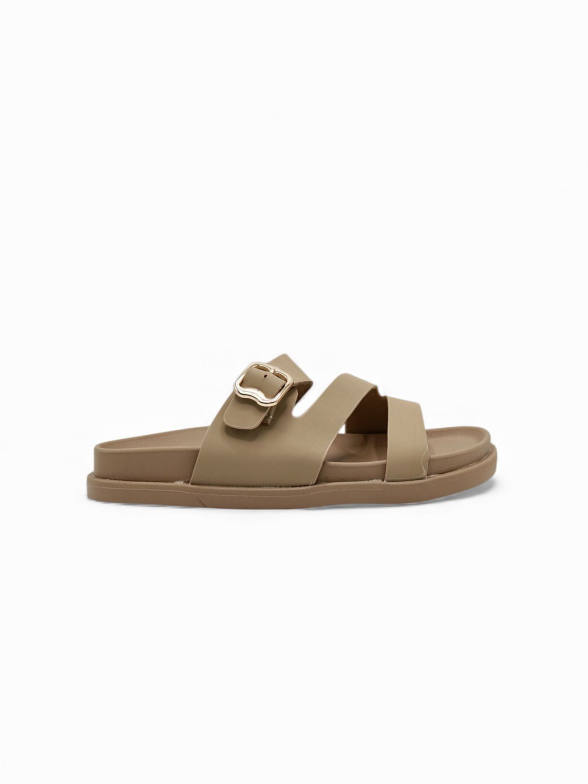 14475 – Sandalias Beige con Hebilla Dorada y Tiras Cruzadas