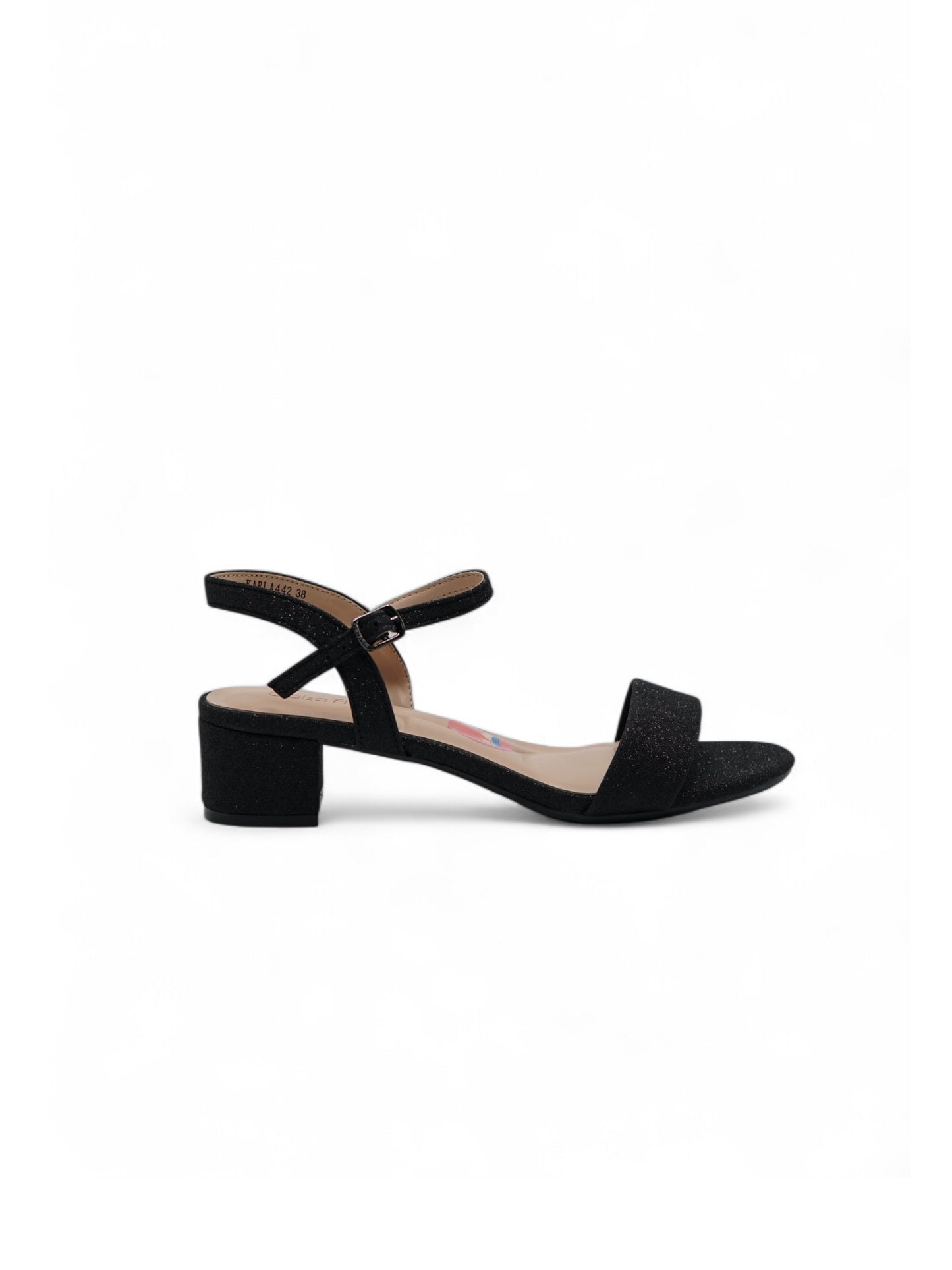 14246 – Sandalias negras con glitter y tacón bajo para dama