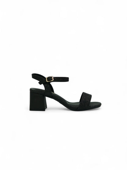 14335 – Sandalias negras con glitter y tacón cuadrado para dama