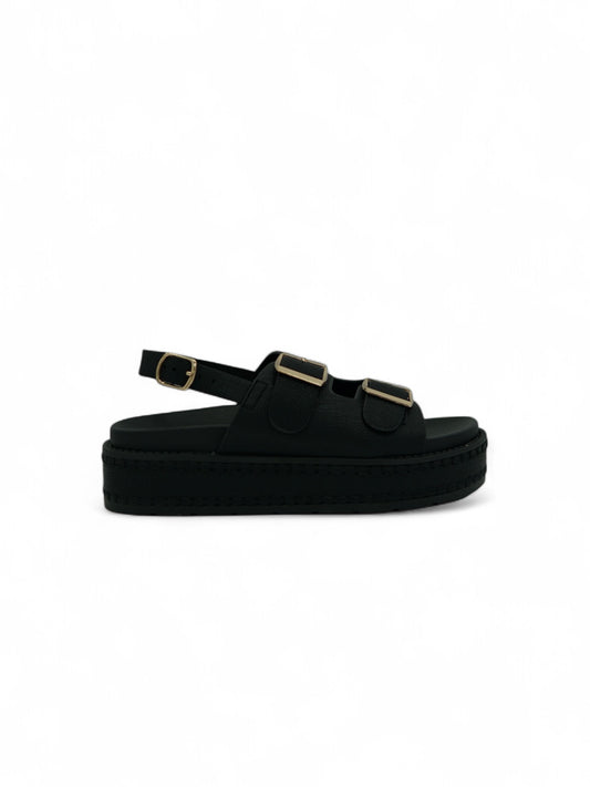 14347 – Sandalias Negras con Plataforma Alta y Hebillas Doradas