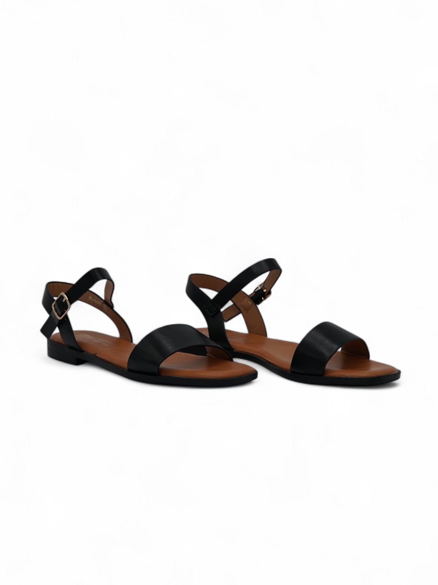 14410 – Sandalias Negras con Hebilla Dorada y Suela Baja