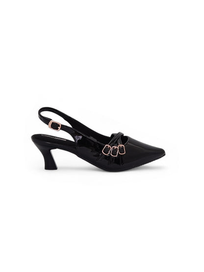 14058 - Tacones Slingback para Mujer en Charol Negro con Hebillas Dorado Rosé