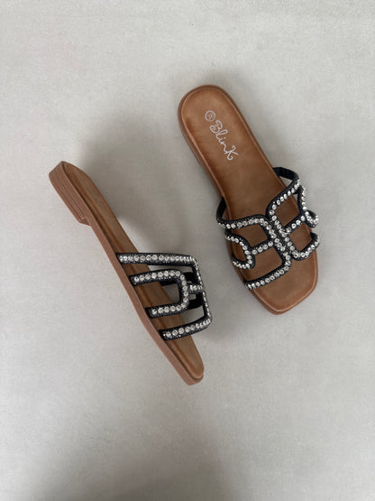 14496 – Sandalias Negras con Brillantes y Diseño Geométrico