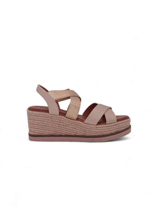 13747 - Sandalias para Mujer en Beige Rosado con Cuña de Yute y Tiras Elásticas