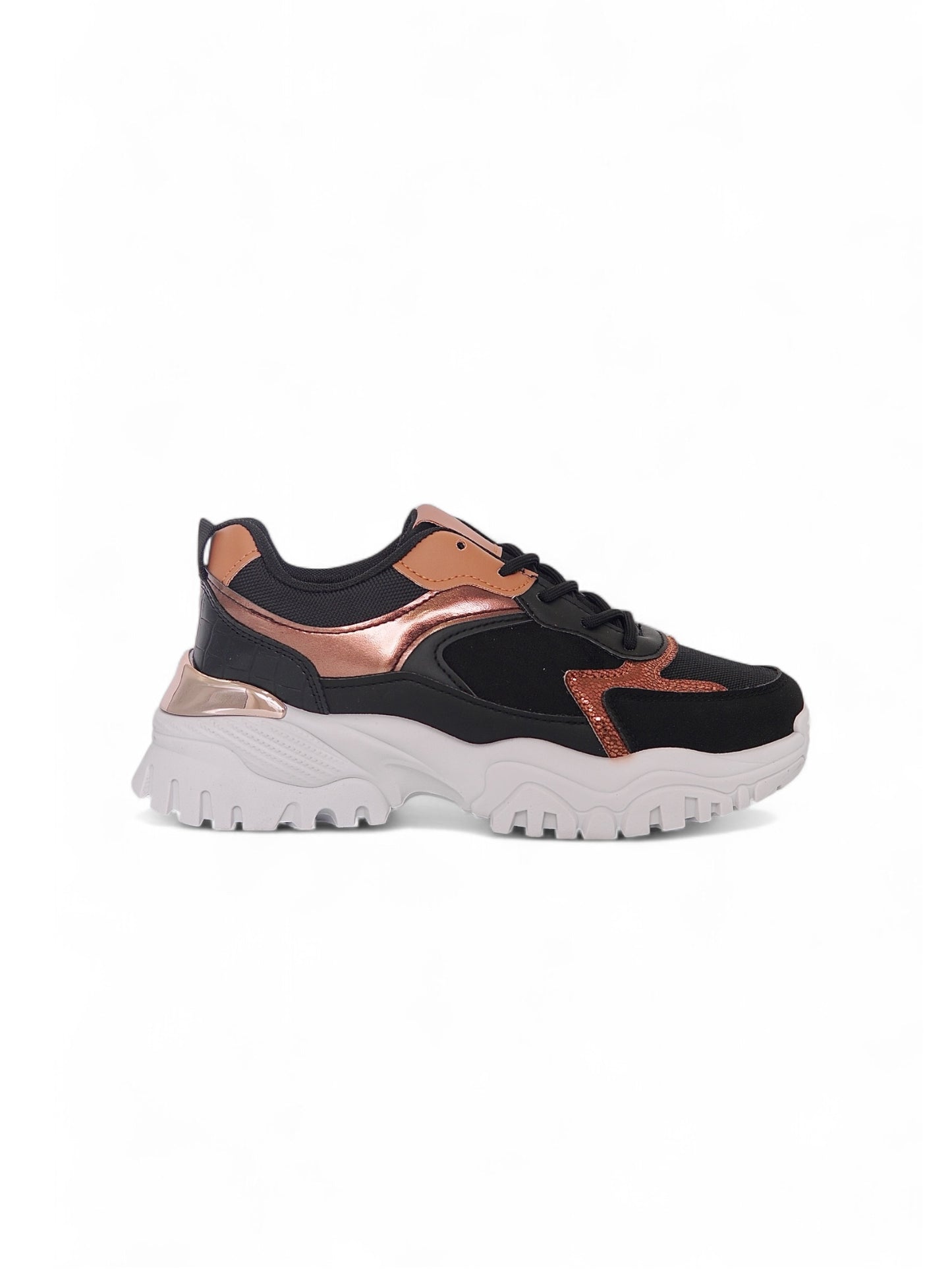 13545 - Tenis Chunky para Mujer en Negro con Detalles Metálicos Cobre
