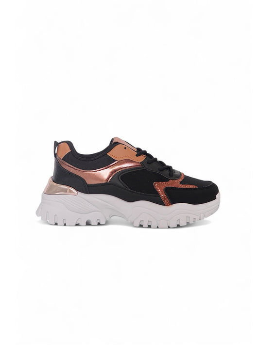 13545 - Tenis Chunky para Mujer en Negro con Detalles Metálicos Cobre