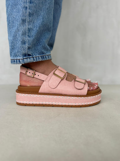 14348 – Sandalias Rosa Viejo con Plataforma Alta y Hebillas Doradas