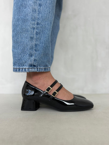 13463 - Zapatos de Tacón Bajo para Mujer en Charol Negro