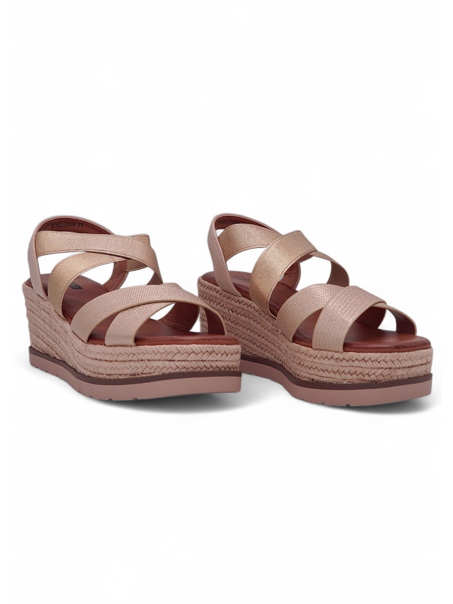 13747 - Sandalias para Mujer en Beige Rosado con Cuña de Yute y Tiras Elásticas