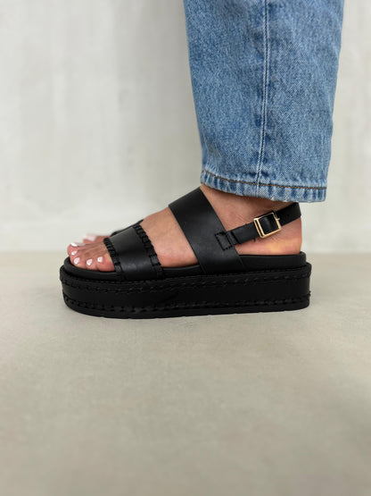 14350 – Sandalias Negras con Plataforma Alta y Correa Ajustable