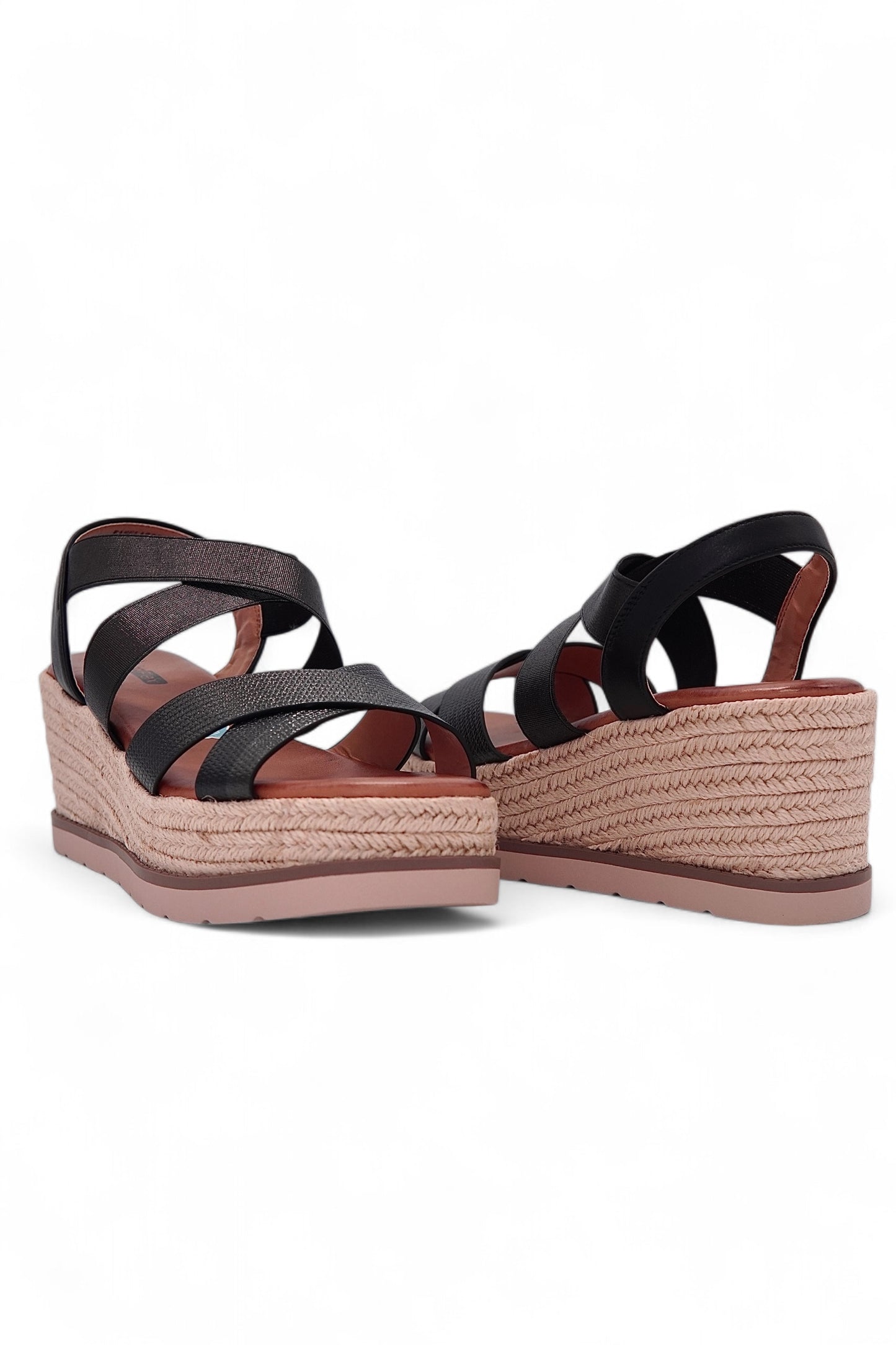 13748 - Sandalias para Mujer en Negro con Cuña de Yute y Tiras Elásticas