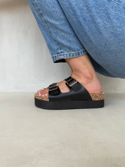 14281 – Sandalias negras con plataforma y doble hebilla para dama