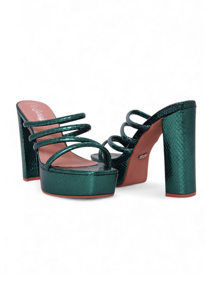 12009 - Sandalias para Mujer en Verde Metálico con Plataforma y Tiras