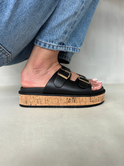 14353 – Sandalias Negras con Plataforma de Corcho y Hebillas Doradas