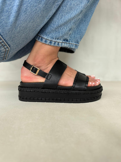 14350 – Sandalias Negras con Plataforma Alta y Correa Ajustable