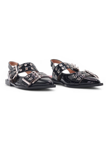 14093 - Zapatos Slingback en Charol Negro con Hebillas