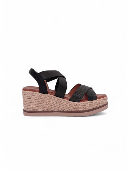 13748 - Sandalias para Mujer en Negro con Cuña de Yute y Tiras Elásticas