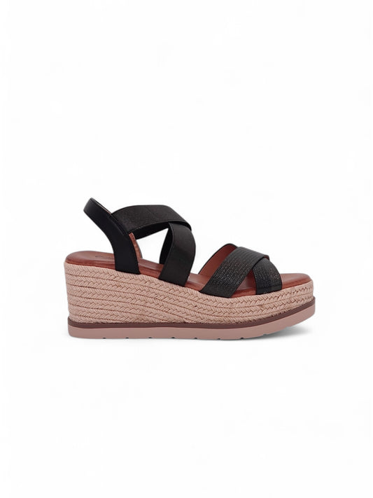 13748 - Sandalias para Mujer en Negro con Cuña de Yute y Tiras Elásticas