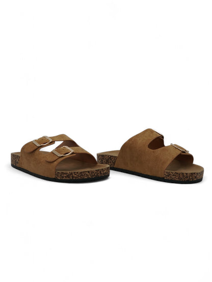 14310 – Sandalias Camel con Doble Hebilla y Suela de Corcho