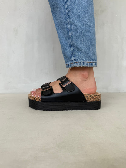 14281 – Sandalias negras con plataforma y doble hebilla para dama