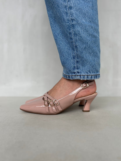 14060 - Zapatos Slingback Rosados con Tacón Medio y Doble Hebilla