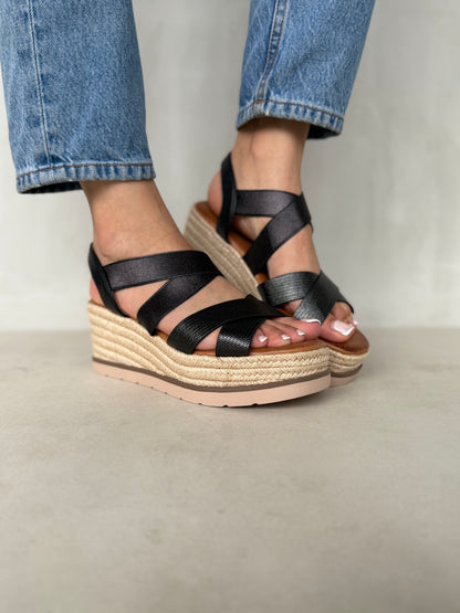 13748 - Sandalias para Mujer en Negro con Cuña de Yute y Tiras Elásticas