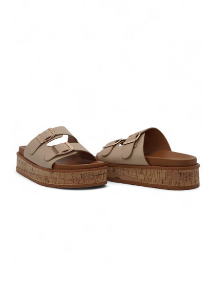 14355 – Sandalias Beige con Plataforma de Corcho y Hebillas Doradas
