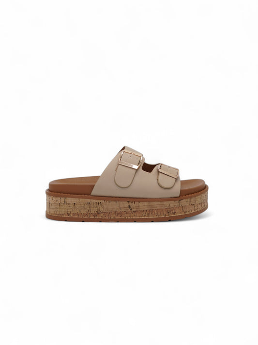 14355 – Sandalias Beige con Plataforma de Corcho y Hebillas Doradas