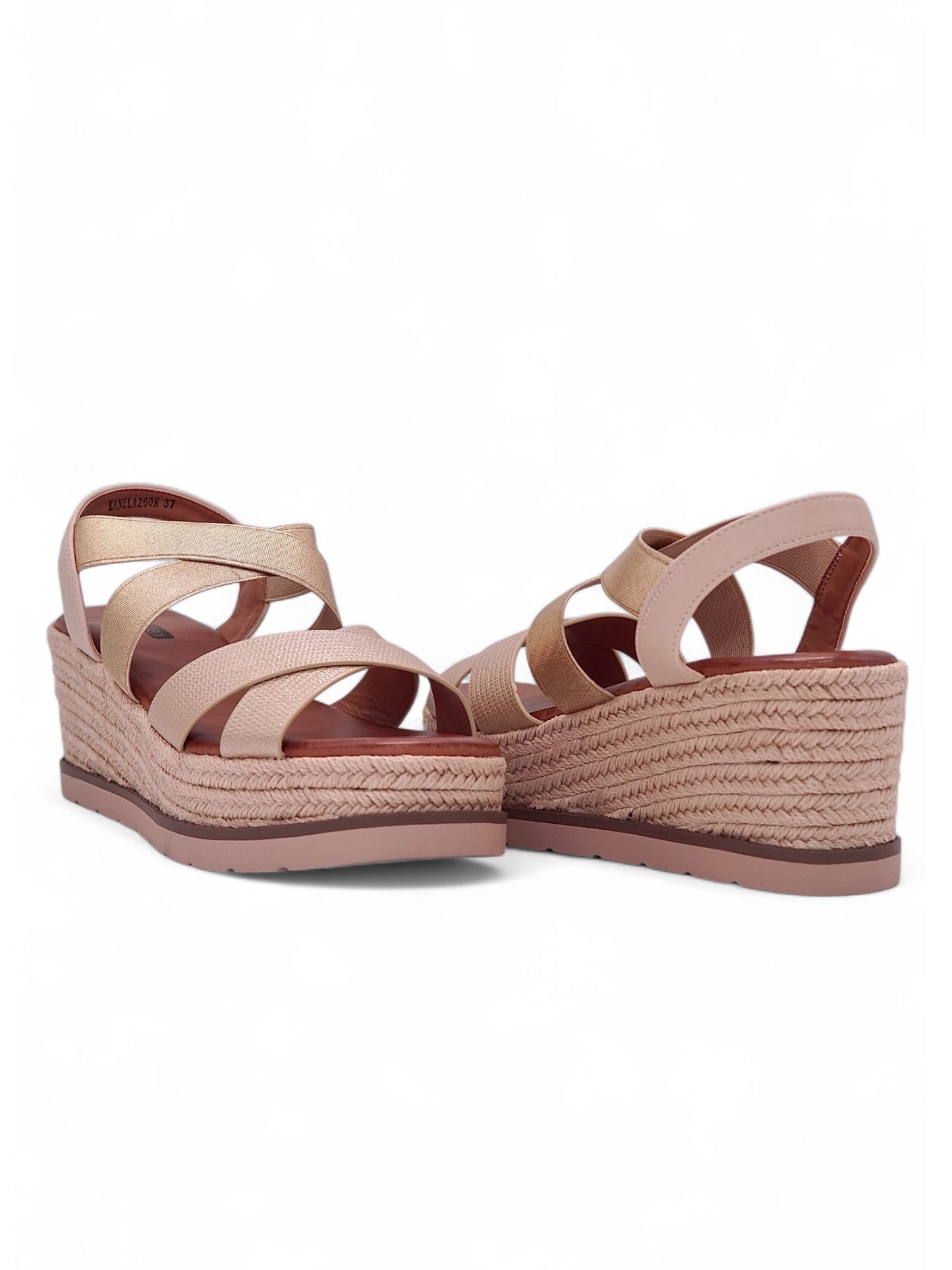 13747 - Sandalias para Mujer en Beige Rosado con Cuña de Yute y Tiras Elásticas