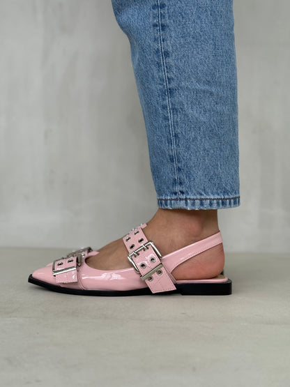 14094 - Zapatos Planos Slingback en Charol Rosado con Hebillas