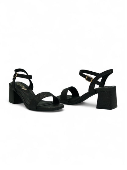 14335 – Sandalias negras con glitter y tacón cuadrado para dama