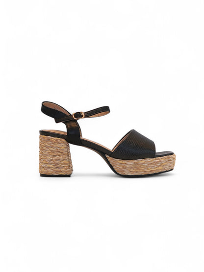 13752 - Sandalias de Tacón con Plataforma – Color Negro con Detalle de Yute