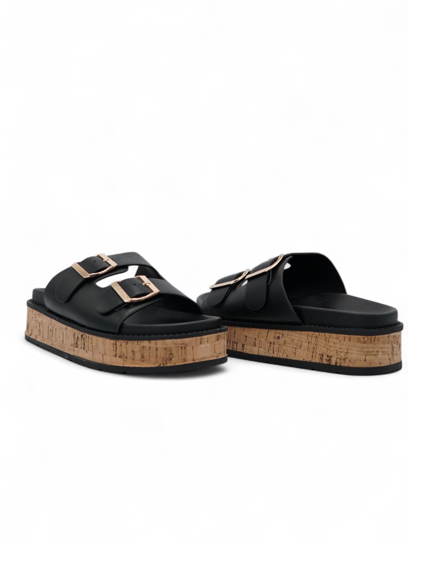 14353 – Sandalias Negras con Plataforma de Corcho y Hebillas Doradas