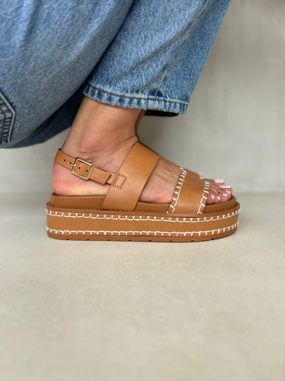 14351 – Sandalias Camel con Plataforma Alta y Detalles de Costura Blanca