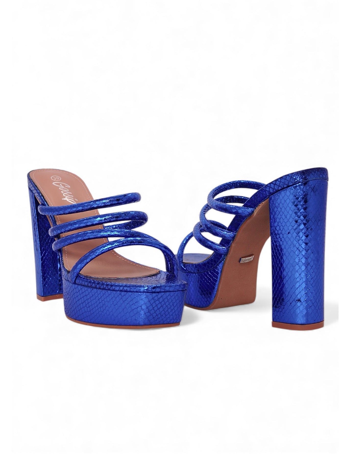 12006 - Sandalias para Mujer en Azul Metálico con Plataforma y Tiras