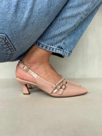 14060 - Zapatos Slingback Rosados con Tacón Medio y Doble Hebilla