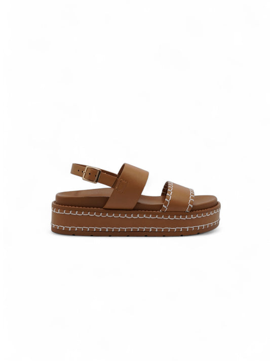 14351 – Sandalias Camel con Plataforma Alta y Detalles de Costura Blanca
