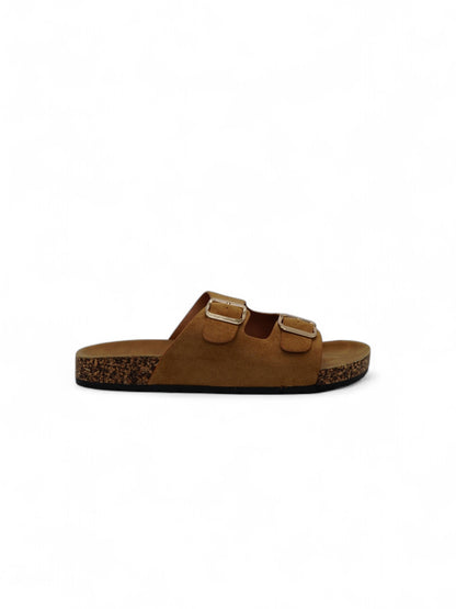 14310 – Sandalias Camel con Doble Hebilla y Suela de Corcho