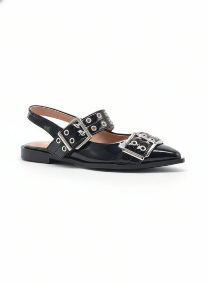 14093 - Zapatos Slingback en Charol Negro con Hebillas