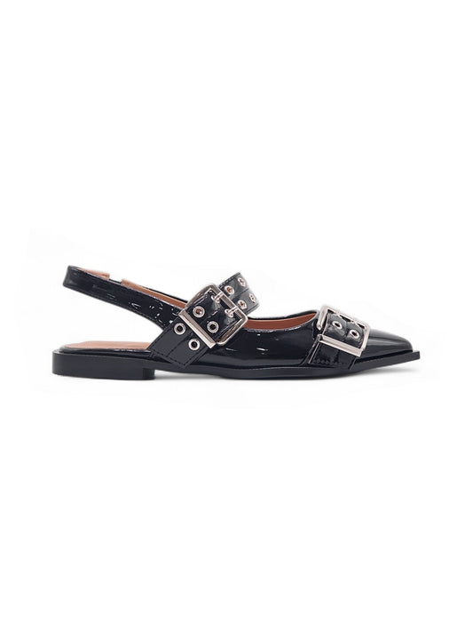 14093 - Zapatos Slingback en Charol Negro con Hebillas